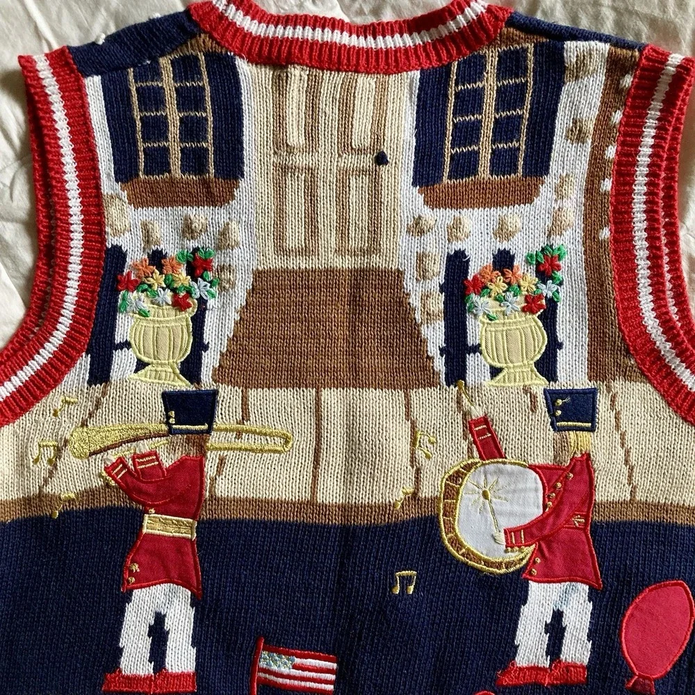 Vtg 1996 Eagles Eye Hand Knit Sweater Vest 3D Americana Marching Band USA Med